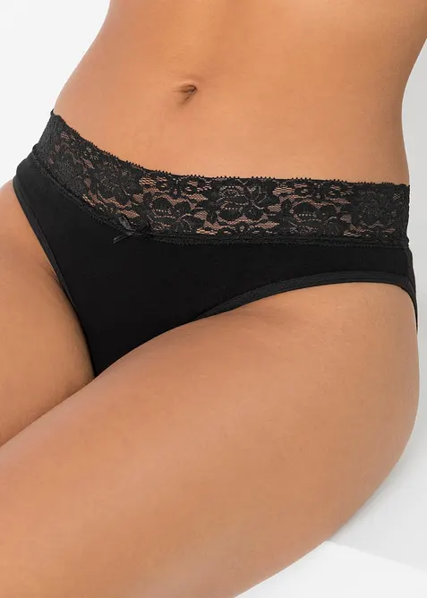 Slip mit weicher Baumwolle und Spitze (5er Pack) in schwarz von vorne - bonprix