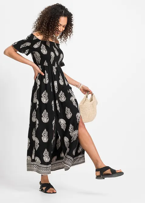 Carmen-Kleid aus fließender Viskose in schwarz im Look von vorne (Totalaufnahme) - bonprix