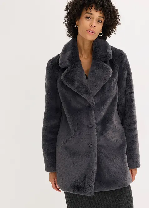 Kurzmantel aus Fellimitat in grau von vorne (Totalaufnahme) - bonprix