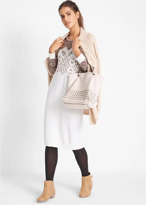 Strickkleid mit Norwegermuster aus Baumwoll-Mix in weiß im Look von vorne (Totalaufnahme) - bonprix