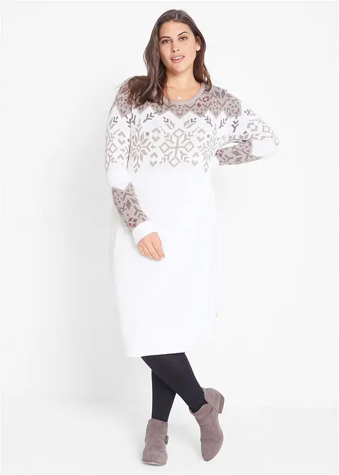 Strickkleid mit Norwegermuster aus Baumwoll-Mix in weiß von vorne (Totalaufnahme) - bonprix