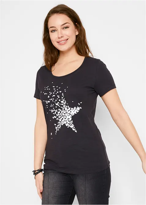Flammgarn-Shirt aus Bio-Baumwolle, kurzarm in schwarz von vorne (im Anschnitt) - bonprix