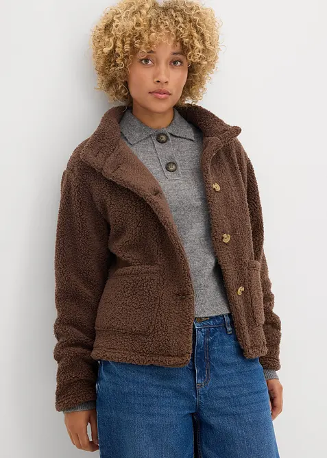Teddy-Fleece Jacke in braun von vorne (im Anschnitt) - bonprix