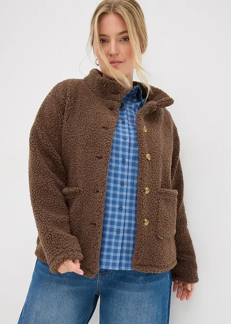 Teddy-Fleece Jacke in braun von vorne (im Anschnitt) - bonprix