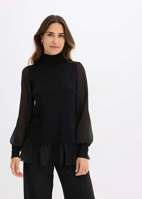Feinstrickpullover mit Blusen-Einsatz in schwarz von vorne (im Anschnitt) - bonprix