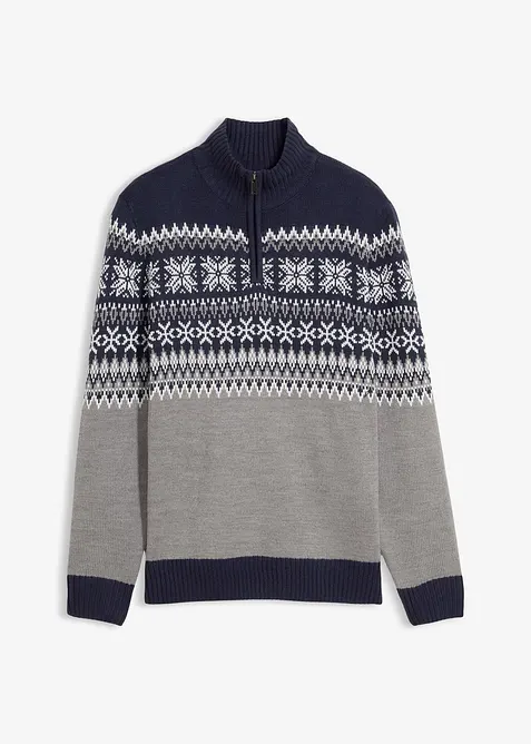 Norweger-Pullover mit Troyerkragen in grau von vorne - bonprix
