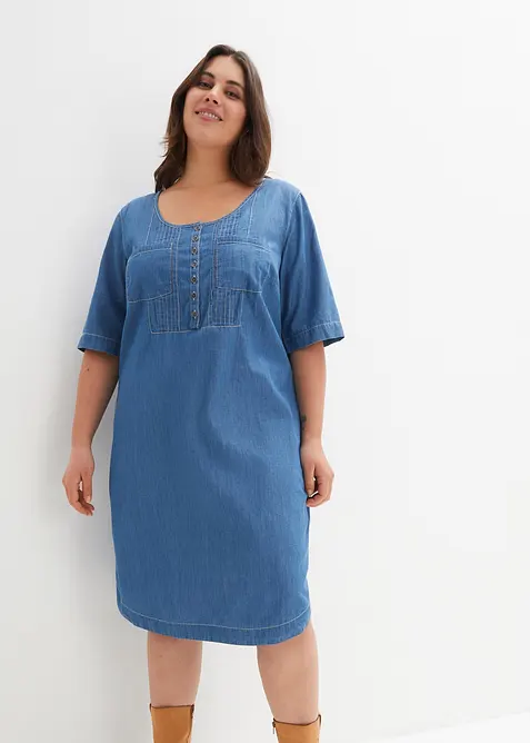 Kniebedeckendes Jeanskleid aus Bio-Baumwolle, Halbarm in blau von vorne (Totalaufnahme) - bonprix