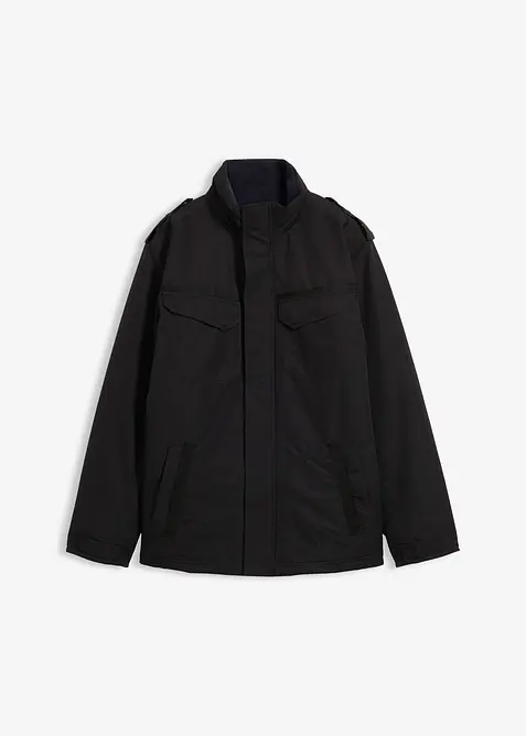 Wasserdichte Funktionsjacke mit Roll-in-Kapuze und Schulterklappen in schwarz von vorne - bonprix