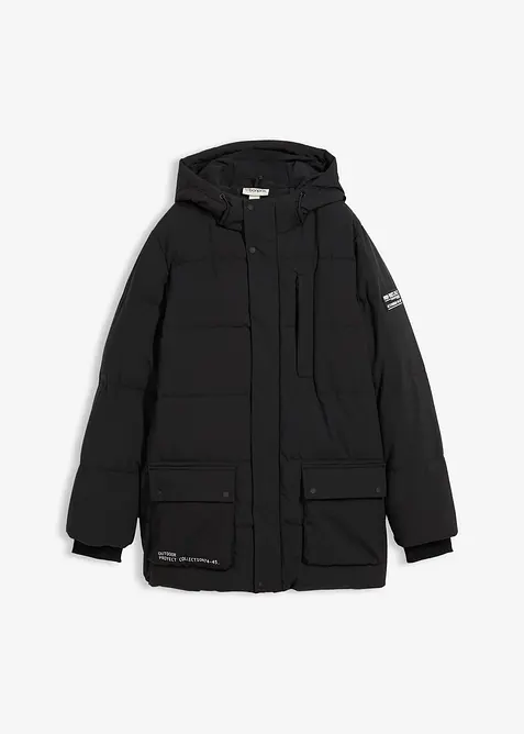 Stepp-Parka mit sportiven Details und Kapuze in schwarz von vorne - bonprix