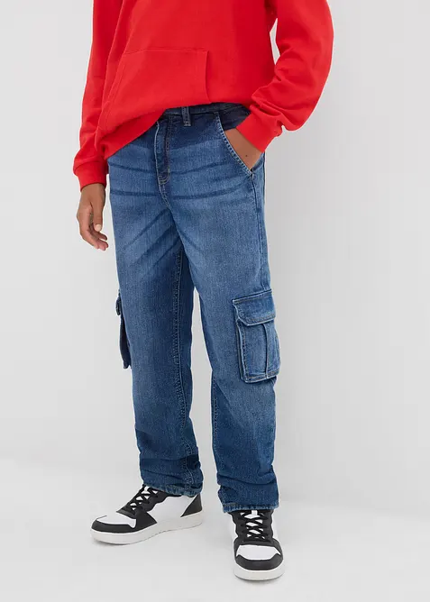 Thermo-Cargojeans in Loose Fit mit Jerseyfutter, Tapered in blau von vorne - bonprix