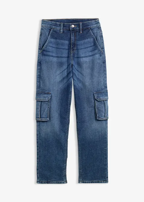 Thermo-Cargojeans in Loose Fit mit Jerseyfutter, Tapered in blau von vorne - bonprix