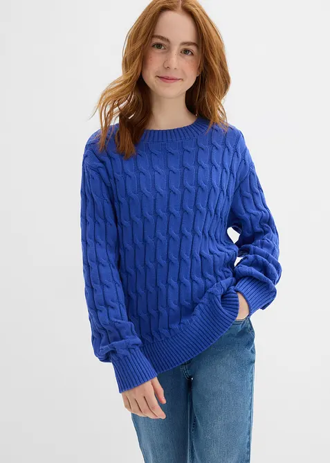 Pullover mit Zopfstrickmuster aus reiner Bio-Baumwolle in blau von vorne (im Anschnitt) - bonprix