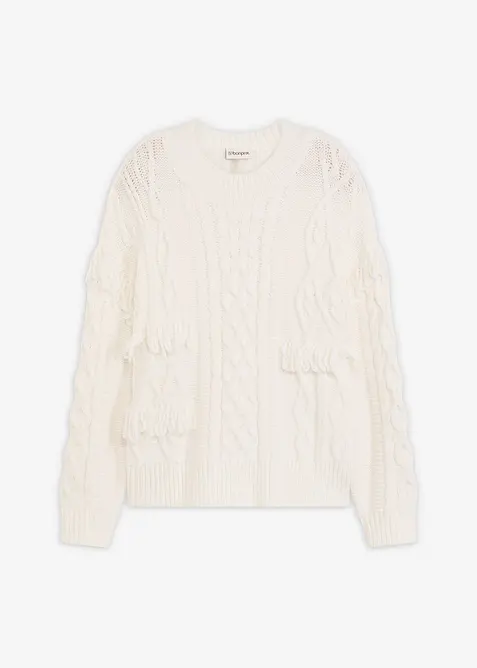 Oversize-Pullover mit Fransen in weiß von vorne - bonprix