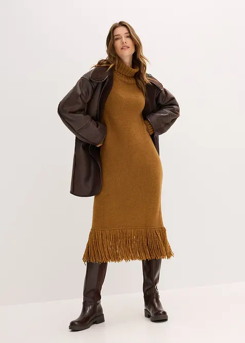 Strickkleid mit Fransensaum in braun im Look von vorne (Totalaufnahme) - bonprix