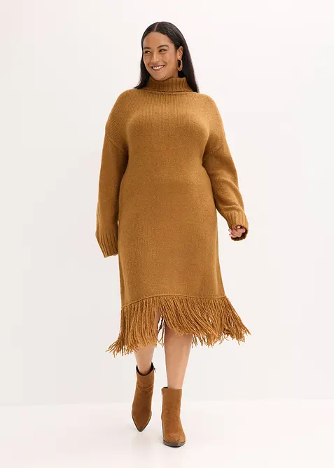 Strickkleid mit Fransensaum in braun von vorne (Totalaufnahme) - bonprix