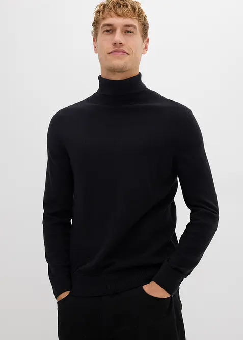 Feinstrick-Rollkragenpullover mit edler Merinowolle, Slim-Fit in schwarz von vorne (im Anschnitt) - bonprix
