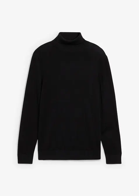 Feinstrick-Rollkragenpullover mit edler Merinowolle, Slim-Fit in schwarz von vorne - bonprix