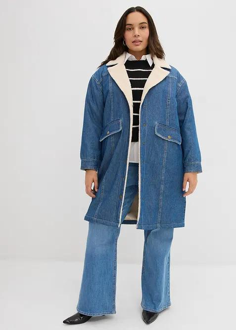 Denim-Wintermantel, warm gefüttert mit Teddy in blau von vorne (Totalaufnahme) - bonprix