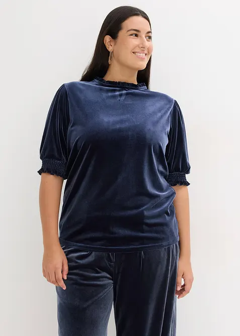 Shirt aus softem Samt in blau von vorne (im Anschnitt) - bonprix