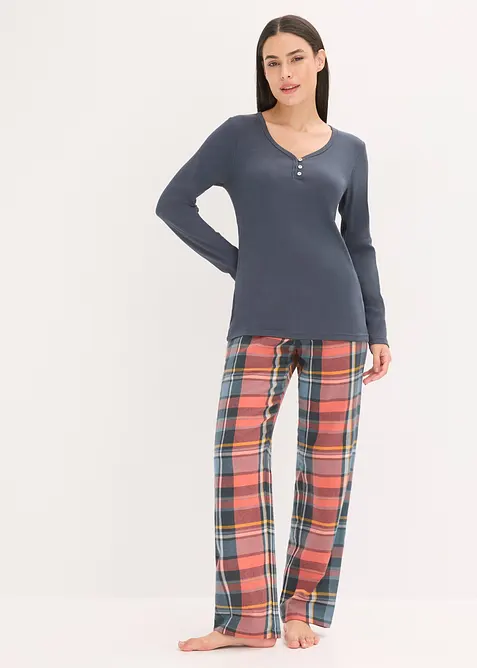 Pyjama mit Rippshirt und Flanellhose aus Glitzergarn in blau von vorne (Totalaufnahme) - bonprix
