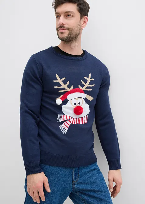 Feinstrickpullover mit Weihnachtsmotiv in blau von vorne (im Anschnitt) - bonprix