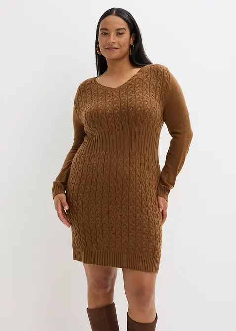 Strickkleid mit Zopfmuster in braun von vorne (Totalaufnahme) - bonprix