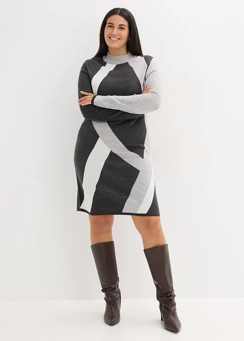 Jacquard-Strickkleid mit modernen Streifen in grau von vorne (Totalaufnahme) - bonprix