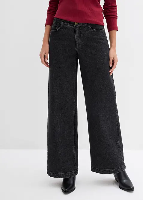 Wide-Leg-Jeans, Mid Waist, Full Length in grau von vorne - bonprix