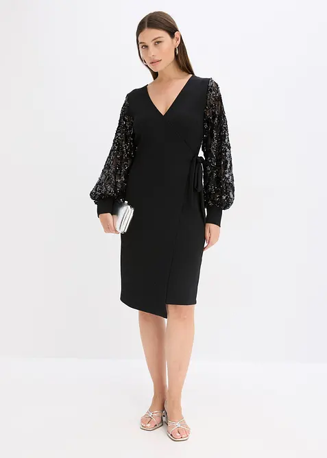 Midikleid mit Paillettenstickerei an den Ärmel in schwarz im Look von vorne (Totalaufnahme) - bonprix