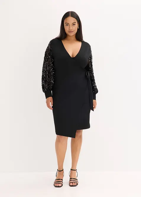 Midikleid mit Paillettenstickerei an den Ärmel in schwarz von vorne (Totalaufnahme) - bonprix