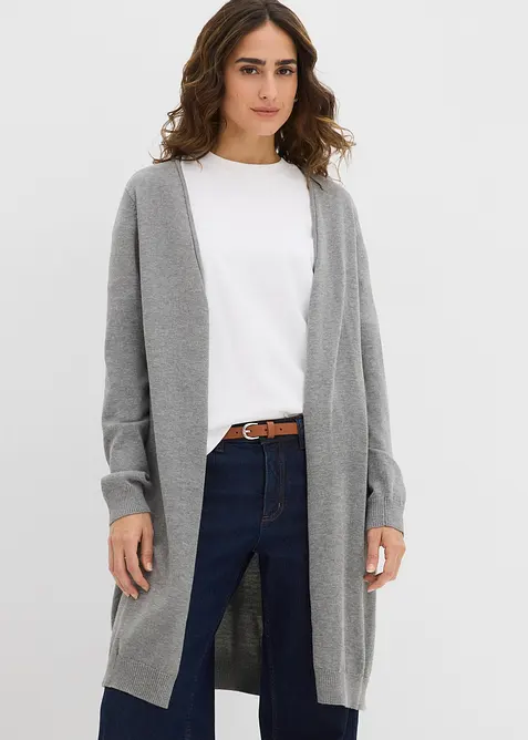 Longstrickjacke mit Rollkanten in grau von vorne (im Anschnitt) - bonprix
