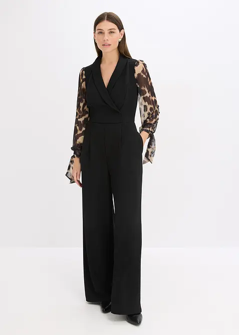 Jersey-Jumpsuit mit Mesh-Ärmeln in schwarz von vorne (Totalaufnahme) - bonprix