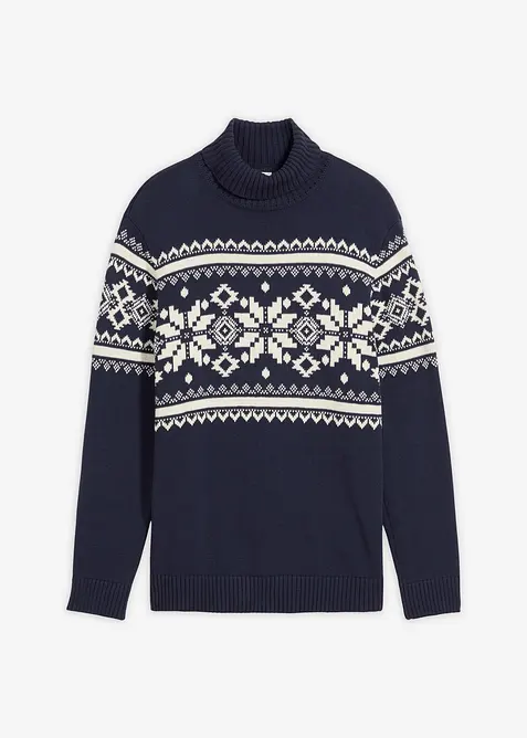 Norweger-Rollkragenpullover aus reiner Baumwolle in blau von vorne - bonprix