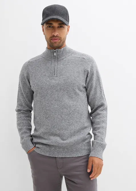 Troyer-Feinstrickpullover mit Wollanteil in grau von vorne (im Anschnitt) - bonprix
