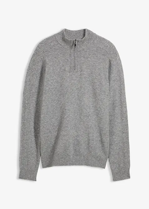 Troyer-Feinstrickpullover mit Wollanteil in grau von vorne - bonprix