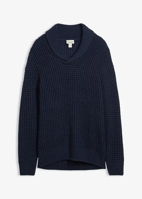 Grobstrick-Schalkragenpullover mit Waffelstruktur in blau von vorne - bonprix