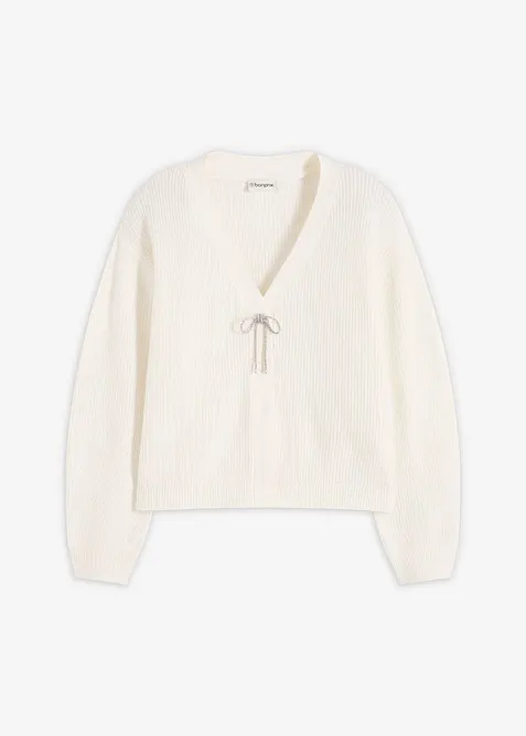 Kurze Strickjacke mit Schleifenverschluss in weiß von vorne - bonprix