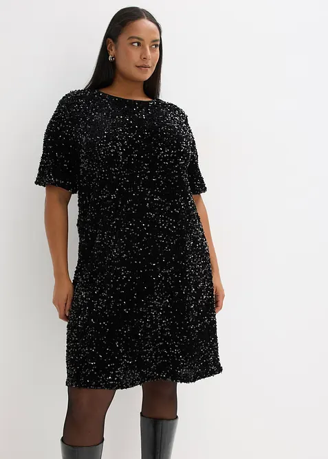 Minikleid mit Pailletten in schwarz von vorne (Totalaufnahme) - bonprix