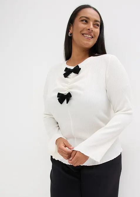 Langarmshirt aus strukturiertem Crêpe in weiß von vorne (im Anschnitt) - bonprix