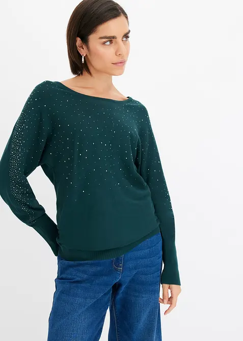 Feinstrickpullover mit Strass-Applikation in grün von vorne (im Anschnitt) - bonprix