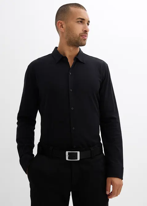 Super-Stretchhemd aus Baumwoll-Piqué in Slim Fit in schwarz von vorne (im Anschnitt) - bonprix