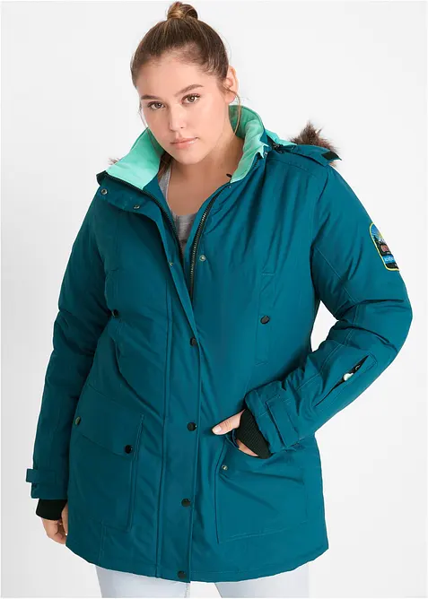 wasserdichte Funktions-Outdoor-Longjacke mit Kapuze in petrol von vorne (im Anschnitt) - bonprix