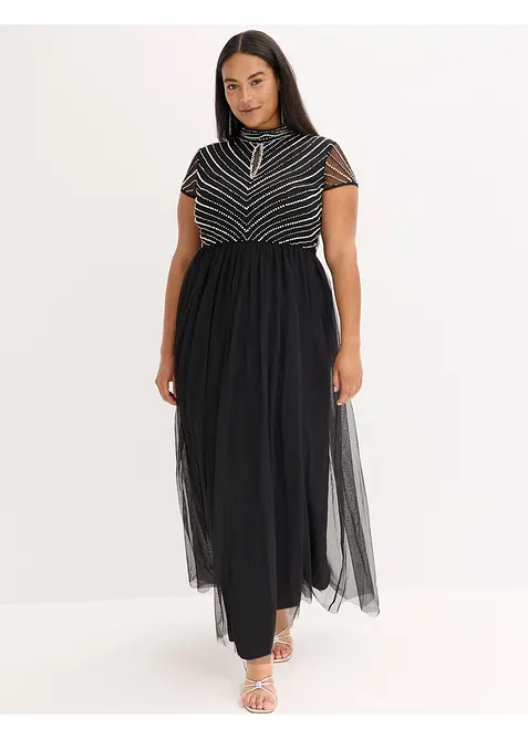Maxikleid mit Perlenstickerei in schwarz von vorne (Totalaufnahme) - bonprix