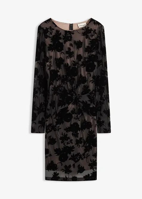 Minikleid aus feinem Mesh mit Flockprint in schwarz von vorne - bonprix