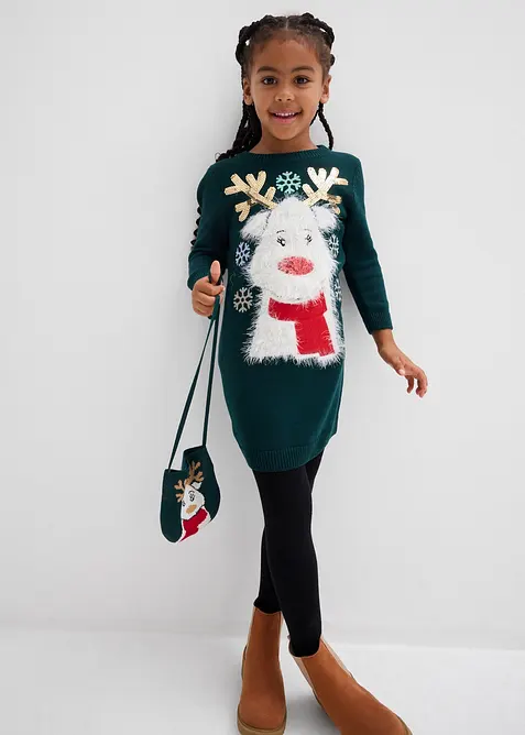 Strickkleid mit Tasche (2-tlg.Set) in grün von vorne (Totalaufnahme) - bonprix