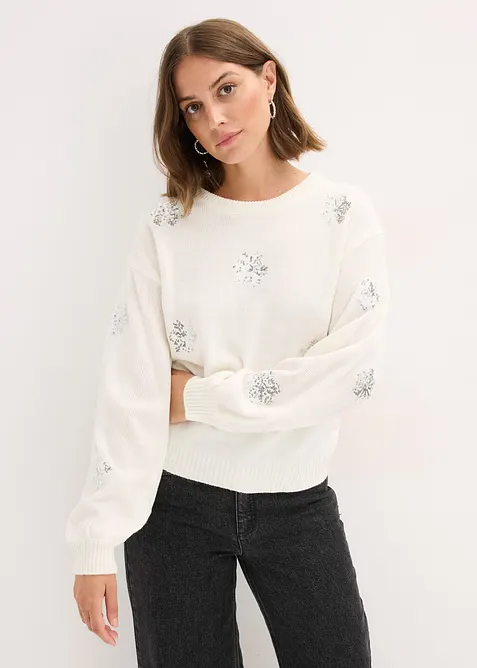 Pullover mit funkelnden Schneeflocken-Motiven in weiß von vorne (im Anschnitt) - bonprix