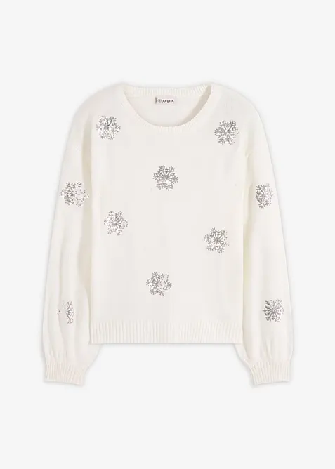 Pullover mit funkelnden Schneeflocken-Motiven in weiß von vorne - bonprix