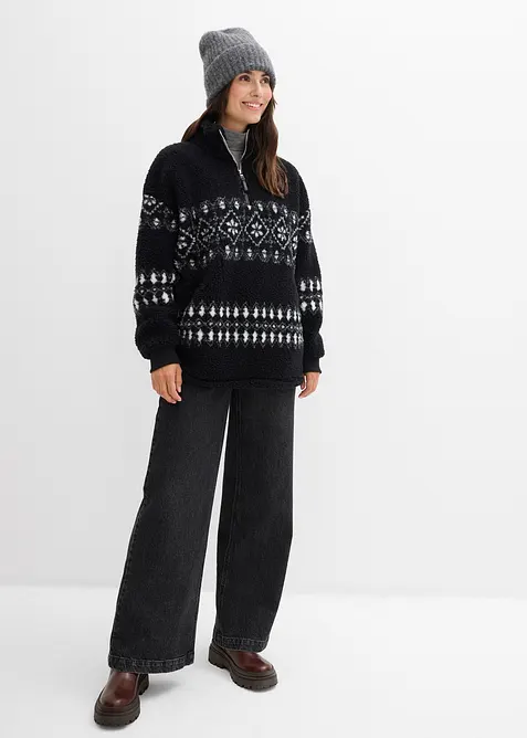 Teddy-Fleeceshirt in schwarz im Look von vorne (Totalaufnahme) - bonprix