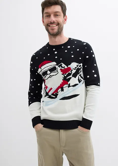Feinstrickpullover mit Weihnachtsmotiv in schwarz von vorne (im Anschnitt) - bonprix