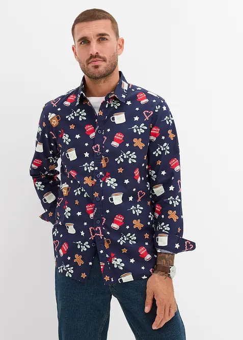 Langarmhemd mit Weihnachtsmotiv aus reiner Baumwolle in blau von vorne (im Anschnitt) - bonprix
